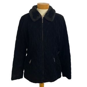 Gallery Womans Black Quilted Velvet Faux Fur Collar Coat Med Old Hollywood Glam